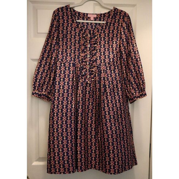 Lilly Pulitzer Women Sz 8 Navy Abelina Lil Bit Print Silk Fit & Flare Dress - Picture 1 of 12